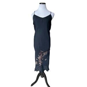 Vintage Y2K Whimsygoth Fairy Silk Midi Slip Dress Size 14/16 Black Embroidered